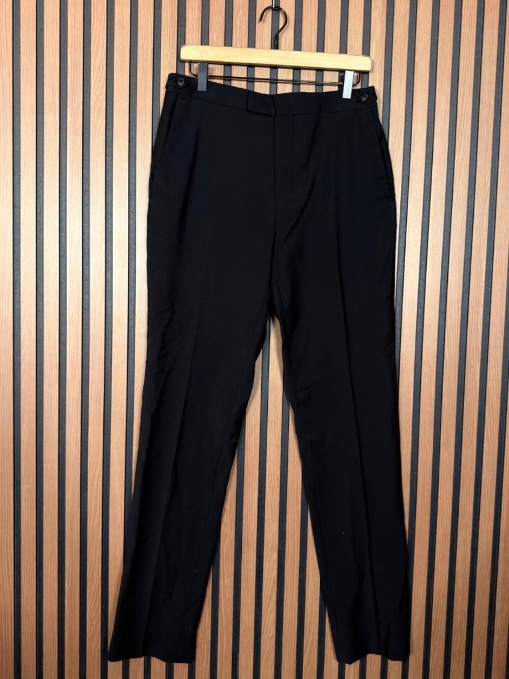 Reiss Dress Pants 32 Black Pleated Waist Button Stretch Fabric Tailor Ready